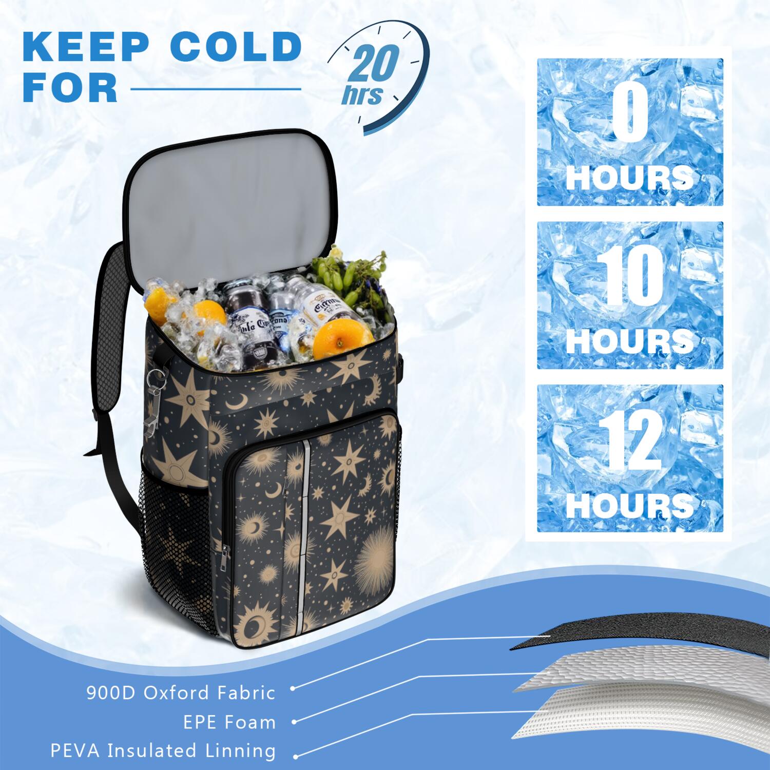 Backpack Cooler,Insulated Backpack Insulated Leak Proof Travel Cooler Bag Waterproof Lunch Picnic Beach Work Trip Thermal Bag Drink Beverage Beer Bag Cooler Starry Night Sky, Moon, Aurora