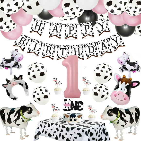 Cow themed 1st birthday party decoration set, black and white cow patterned balloons, pink lips, number 1 balloons, cow patterned tablecloth, walking pet balloons, inflatable toys for birthday parties