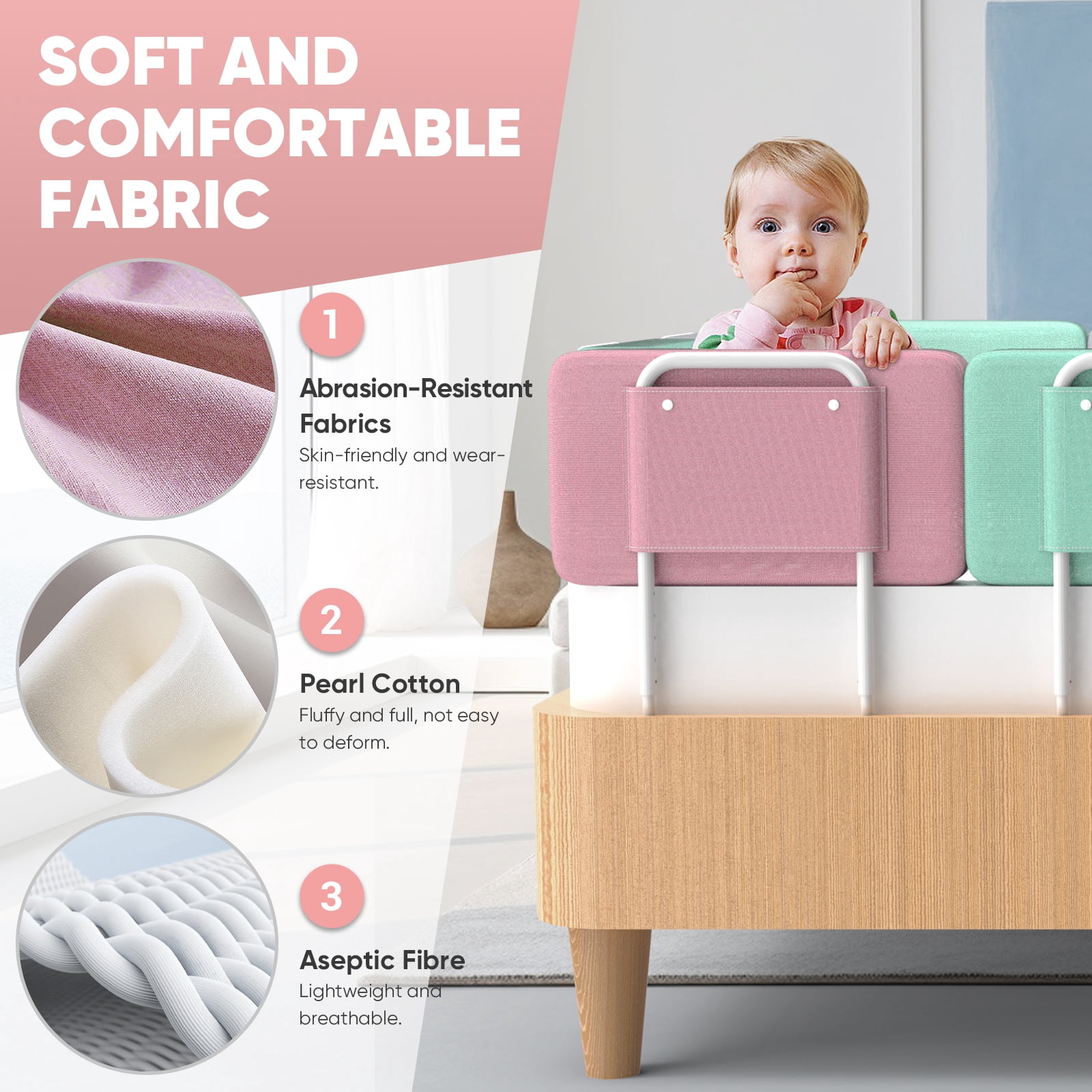 Kidsbuddy 23.6" Toddler Bed Rails Guard Foldable Portable Kids Bed Rail 5 Hole Height Adjustable Bed Rails for Toddlers, 2PC, Pink