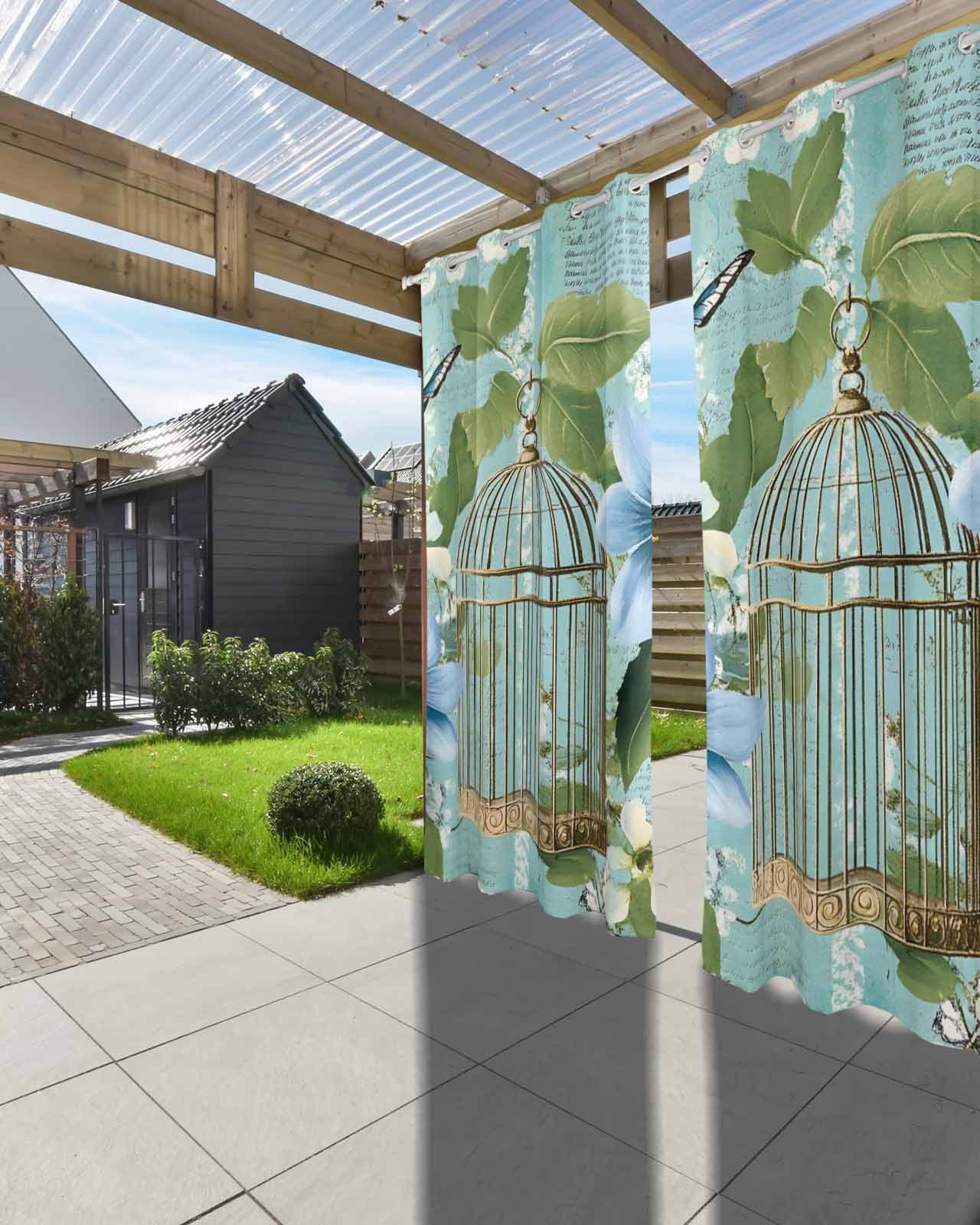nqOlkjepod Outdoor Curtains for Patio Waterproof, Birds Cage Outdoor Privacy Panels Grommet, Spring Botanical Blue Floral Blackout Outside Curtains for Porch/Cabana/Pergola/Gazebo 54"x95", 2 Panels