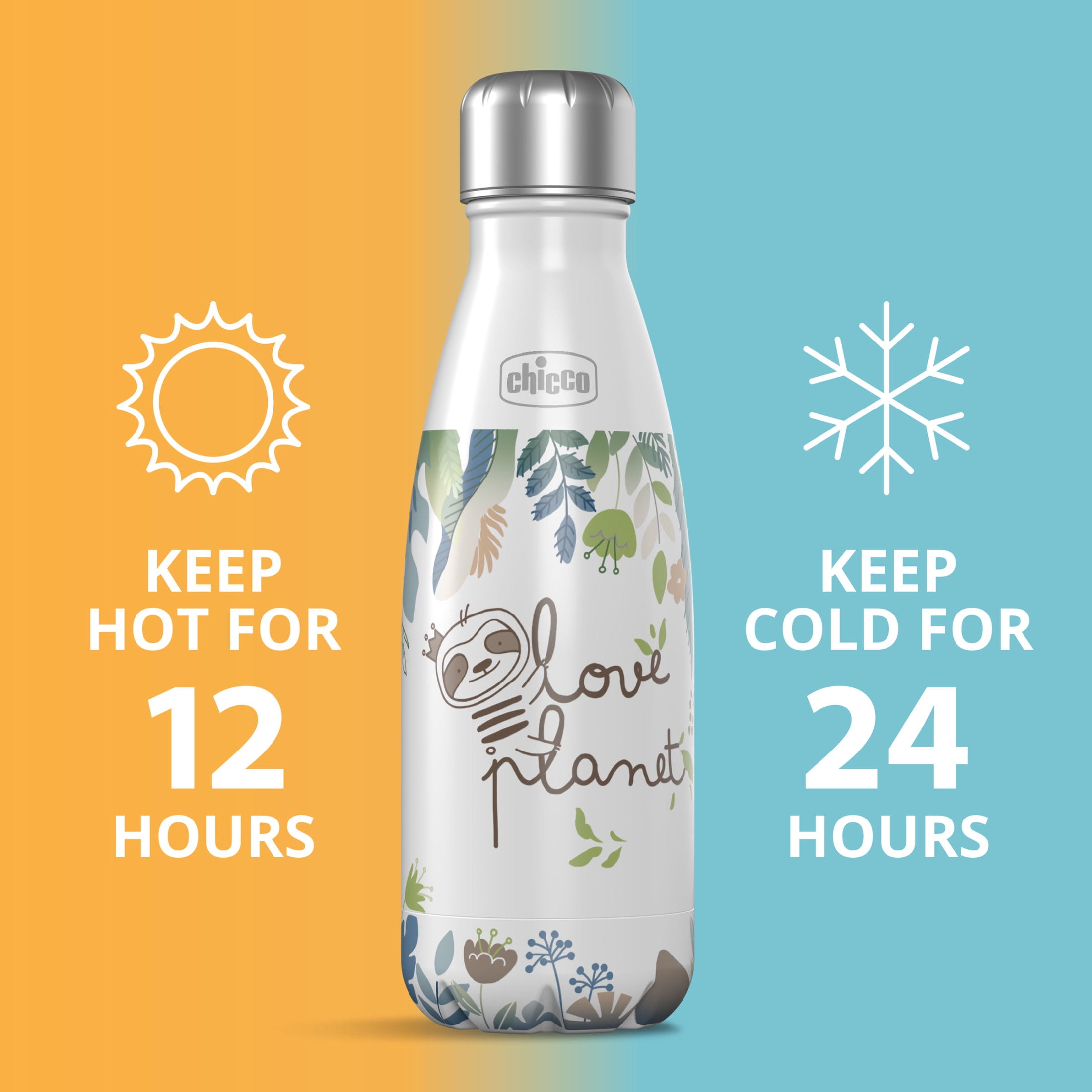 Chicco Stainless Steel Double Wall Vacuum Insulated Water Bottle, 4yr+ - Sloth, New
