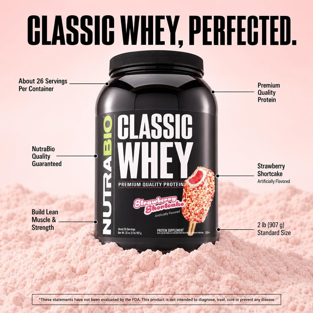NutraBio Classic Whey Protein Powder Supplement - 25g of Protein Per Scoop - Full-Spectrum Amino Acid Profile with No Fillers, Artificial Colors, or Preservatives - Strawberry Shortcake, 2 Pounds