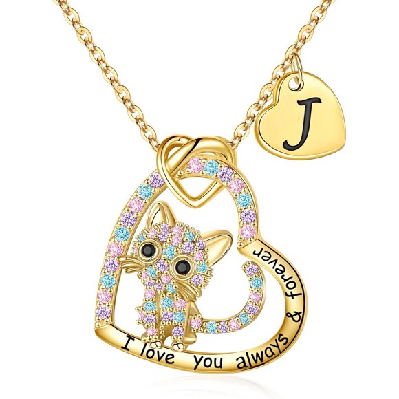 Cat Gifts for Cat Lovers - 18K Gold Plated Colorful CZ Heart Pendant Cat Necklaces for Women Jewelry Initial Cat Necklace Birthday Christmas Gifts for Women Cat Gifts for Women