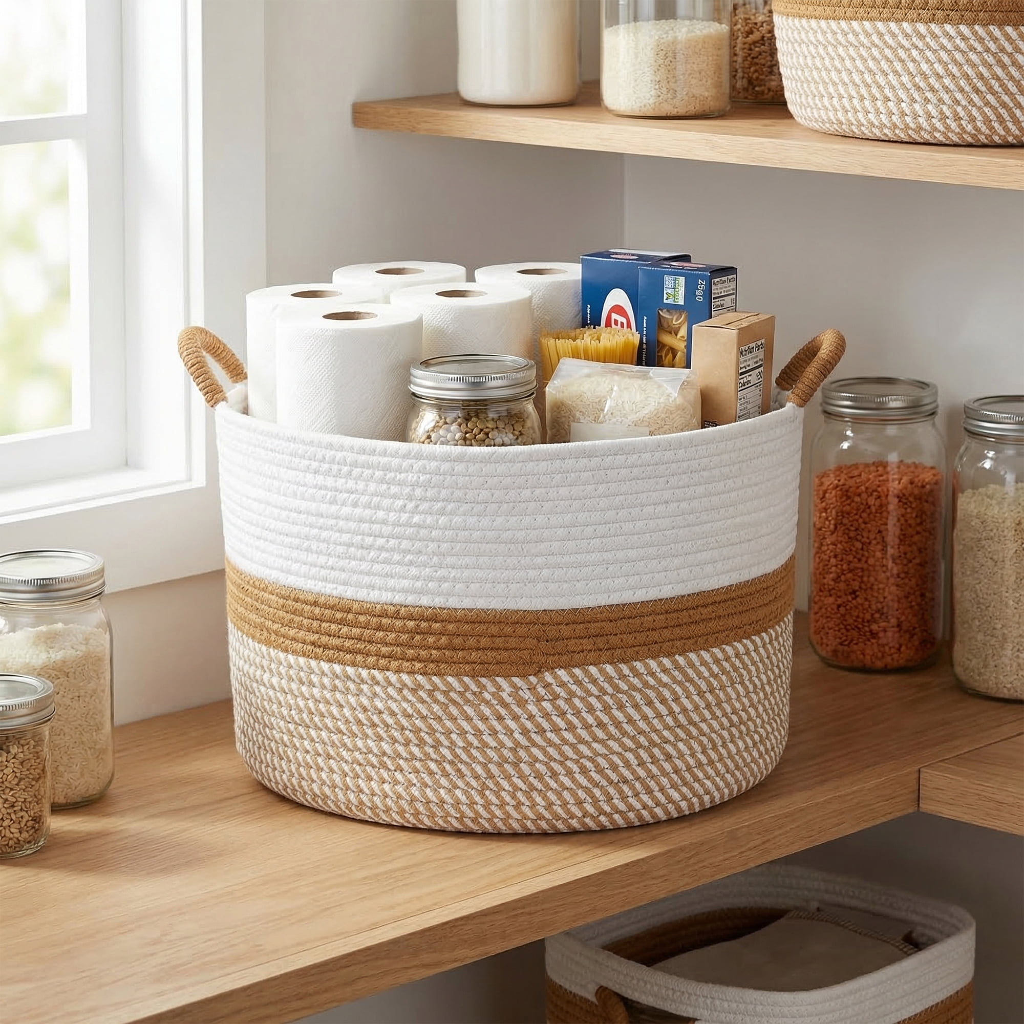 Unique Bargains Multiple Use Woven Storage Bin for Home White Coffee 17.7*17.7*12.6in