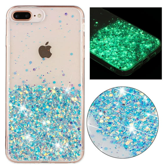 Luminous Case for iPhone 8 Plus / iPhone 7 Plus, Glow in the Dark Fluorescent Glitter Case for Women Girls, Bling Sparkle Lightweight Slim Shockproof Protective Phone Cover, Blue