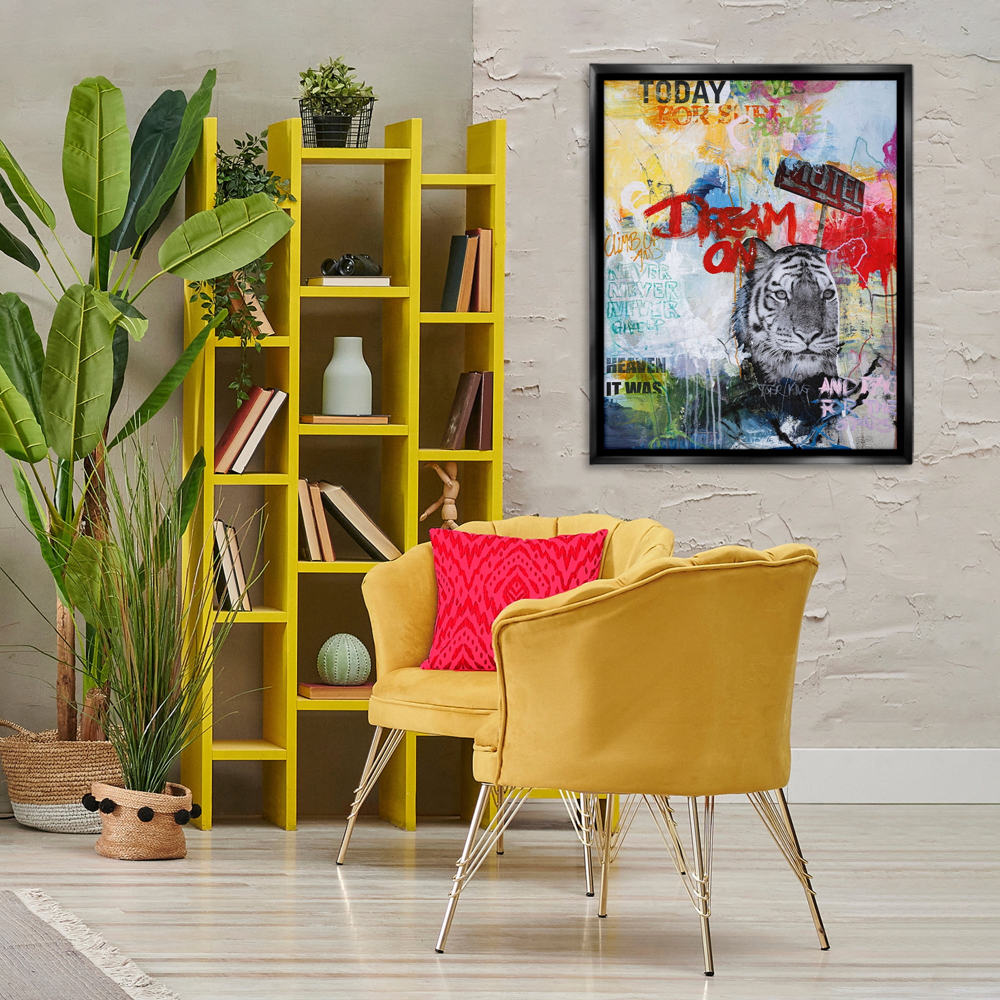 Stupell Industries Inspiring Graffiti & Tiger Abstract Painting Black Floater Framed Canvas Art Print Wall Art, 25 x 31