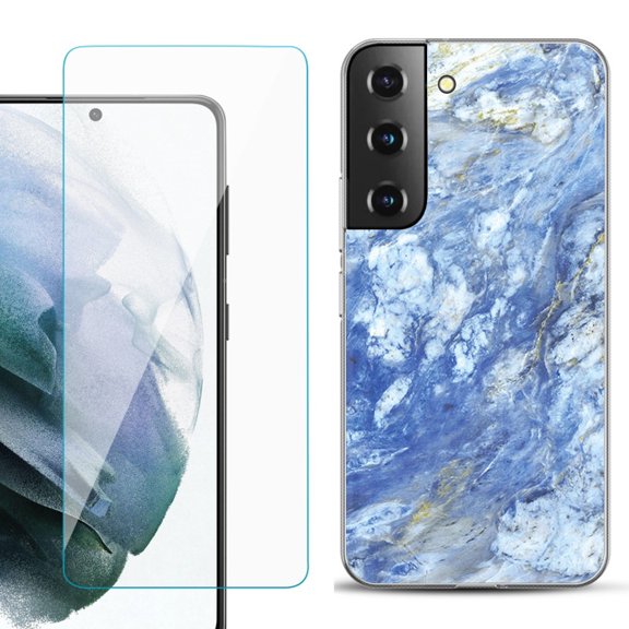 Slim-Fit TPU Fashion Phone Case for Samsung Galaxy S22 5G, with Tempered Glass Screen Protector, by OneToughShield ® - Marble / Gem Blue