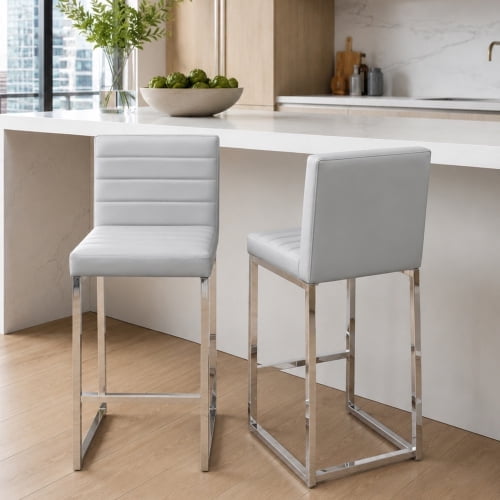 Sweiko Faux Leather Counter Height Bar Stools Set of 2, Upholstered Barstools with Back, 25.6" Metal Frame Bar Chairs for Kitchen Island Home Bar, Gray