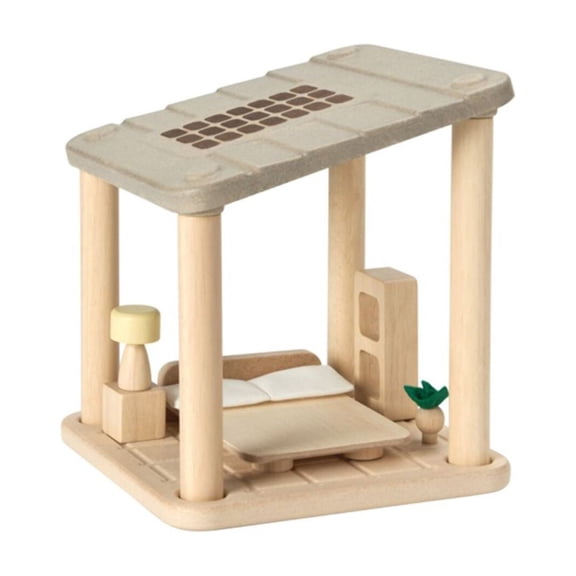 PlanToys® Wooden Dollhouse Bedroom Room Set | Modular Furniture with Bed, Lamp, Shelving & Decor | Stackable Open Ended Room for Dollhouse Expansion