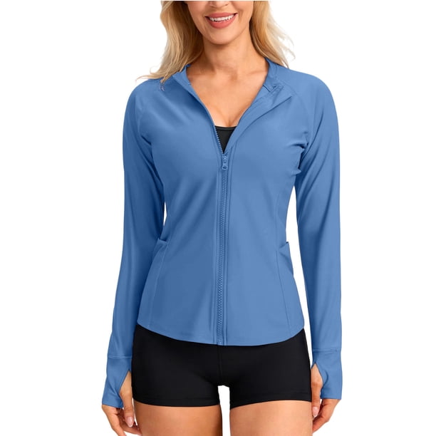 Craaazy Women Casual Full Zip Jacket, Solid Color Long Sleeve Sun Protection Top, Slim Fit with Thumb Holes and Pockets for Daily Wear Gifts