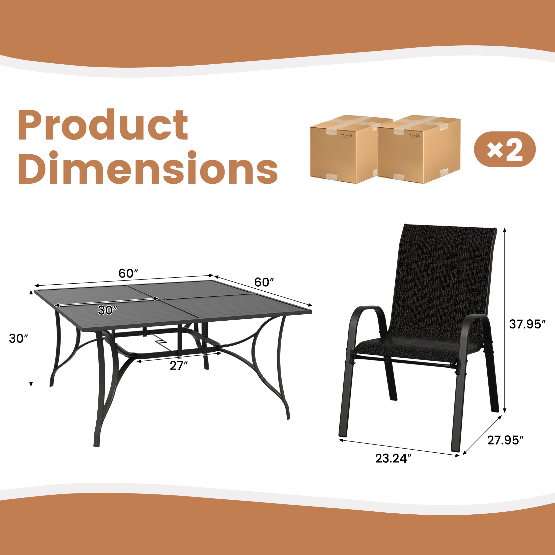 ELPOSUN 9-Piece Outdoor Patio Dining Set, 8 Textilene Chairs & Large Square Steel Table with Umbrella Hole, All-Weather Furniture for Garden, Balcony,Black
