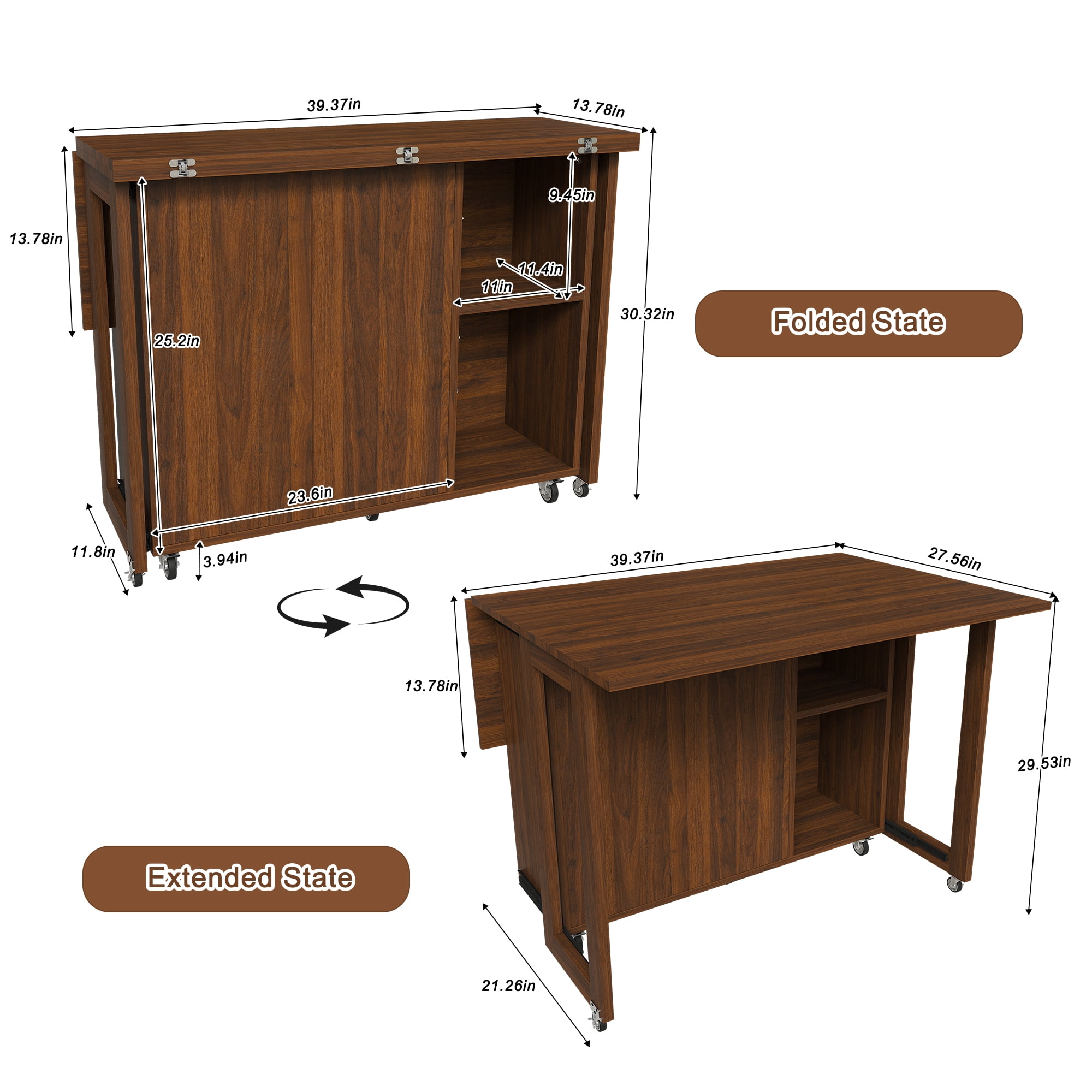 Mintazer 3‑in‑1 Folding Dining Table with 4 Large Storage Shelves & Storage Compartments, Multi‑Mode Convertible Table Cabinet with Lockable Wheels for Small Space Kitchen Apartment, Wlanut