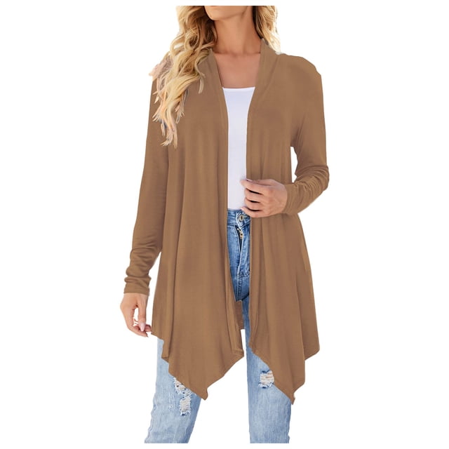 GPOECD Cardigan à Manches Longues pour Femmes, Mode, Automne, Léger, Ouvert à l'Avant, Drapé, Mi-Long, Manteau Asymétrique, Coffee-1,L
