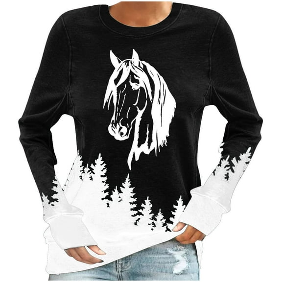 Sweatshirts for Women Crewneck Long Sleeve Tops Oversized Animals Horse Print Sweatshirt Loose Fit Fall Winter Round Neck Pullovers