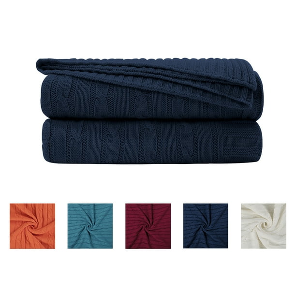 Soft 100 Cotton Cable Knitted Throw Blanket For Couch, 60" x 78", Navy