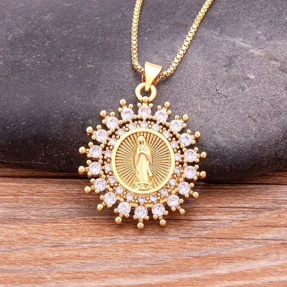 Hot Sale High Quality Women's Religious Jewelry 14K Yellow Gold Micro Pave Inlaid Zircon Virgin Mary Pendant Believer Necklace Gift