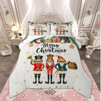 Manfei Xmas Nutcracker Full Size Comforter Sets for Kids, Merry Christmas Bedding Comforter Set, Gold Stars Bedding Sets, Microfiber Bedroom Decor, Reversible 3 Pieces