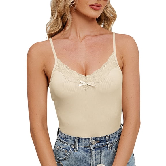 OIUUAK Women's Lace Cami Tops, V Neck Camisole for Women Adjustable Spaghetti Strap Stretch Fitted Undershirt Tank Top with Shelf Bra Breathable Summer Going Out Tops, Beige
