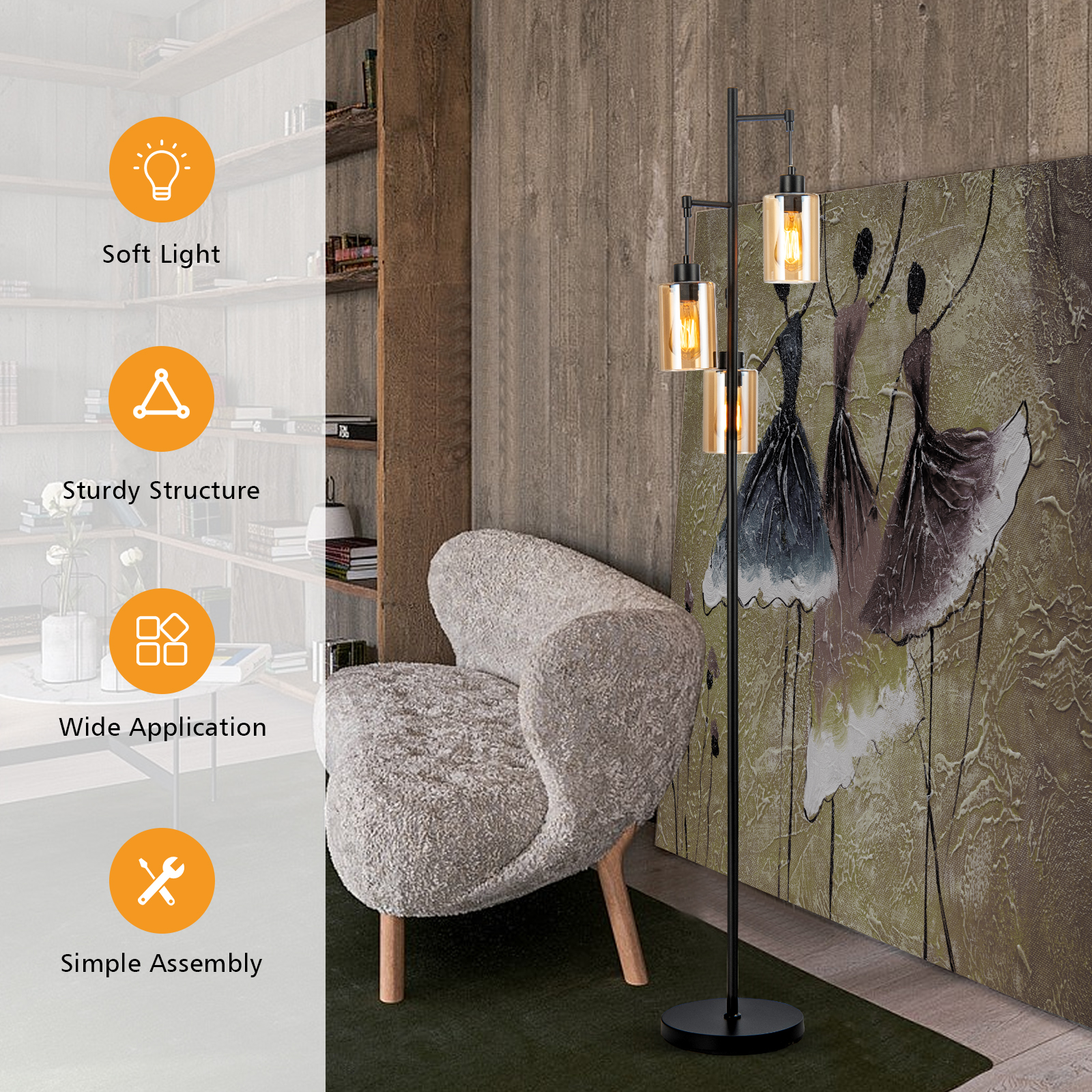 Giantex 3-Light Floor Lamp, Tall Floor Lamp w/Round Base, Rustic Standing Lamp
