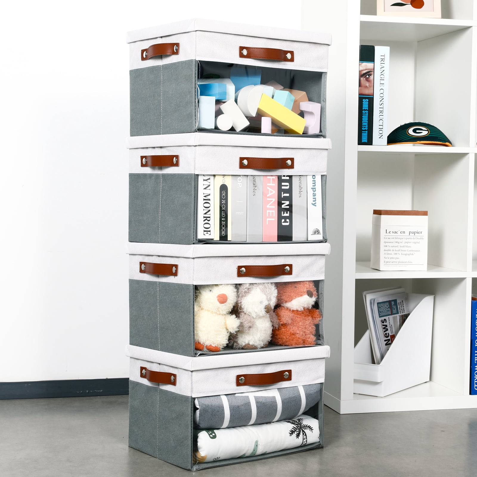 Bidtakay Collapsible Storage Bins with Lid 15 x 11 x 9.7 inch 4-Pack Fabric Closet Organizer with Clear Window Storage Baskets for Shelves Organization (White&Grey)
