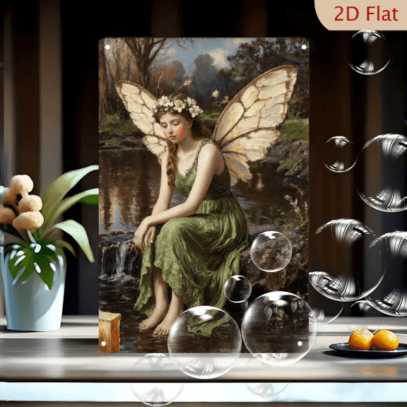 12x8 Inch Fairy by Stream Wall Art, Classical Oil Painting Print on Metal Canvas, Romantic Nymph with Butterfly Wings and Floral Crown for Home Decor