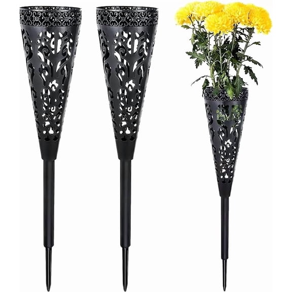 Grave Flower Vase, Hollow Garden Basket with Secure Ground Stake 2pcs, Formal Floral Holder for Memorial Tributes Cemetery and Daily Outdoor Landscape Maintenance