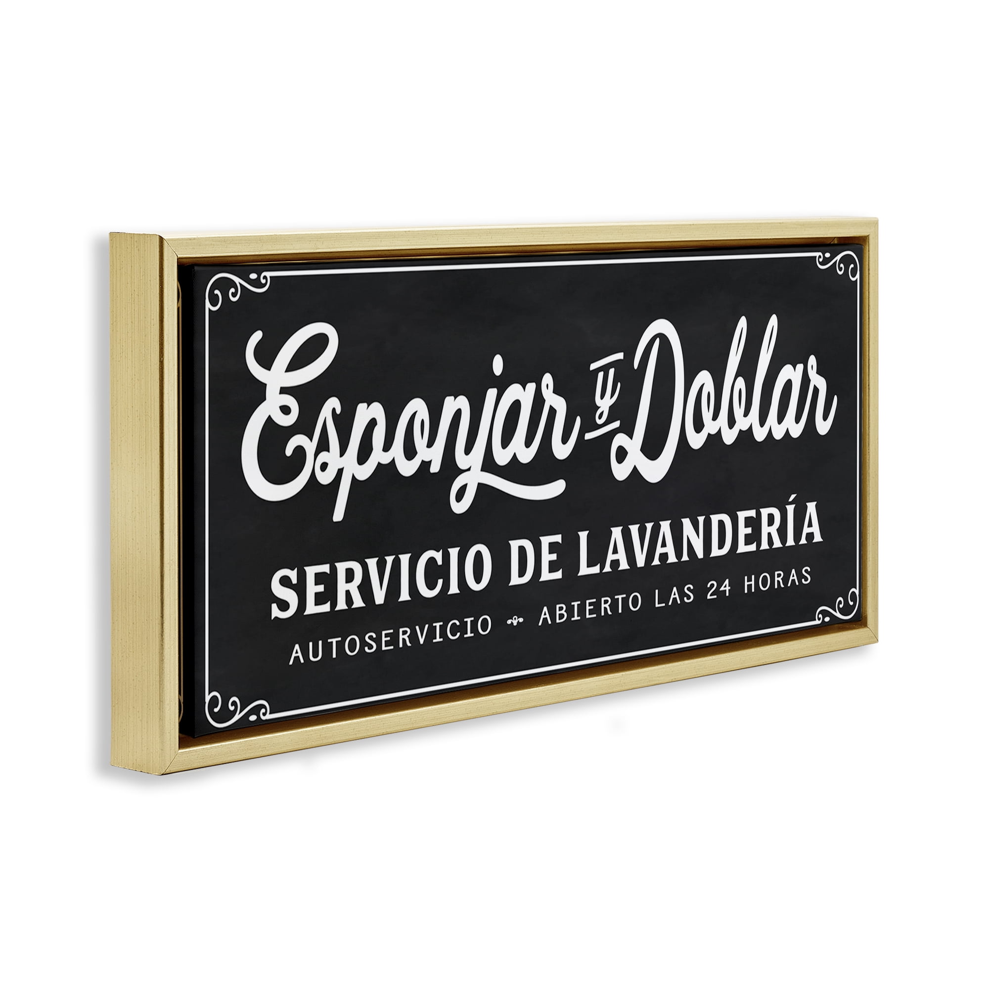 Stupell Industries Esponjar y Doblar Lavandería Bath & Laundry Painting Gold Floater Framed Art Print Wall Art, 31 x 14