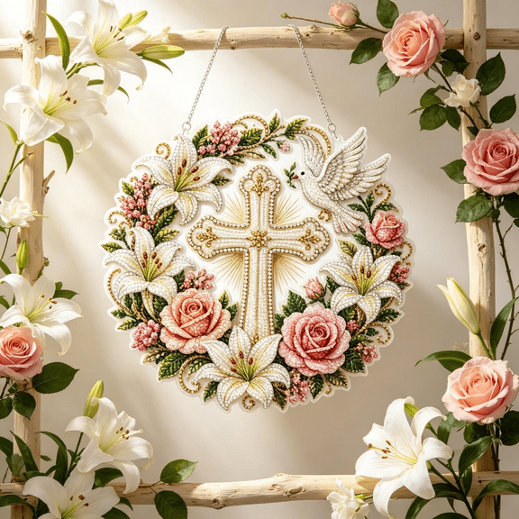 Cross, Flowers & Peace Dove Diamond Art Hanging Ornament Kit, Christian Diamond Painting Hanging Kit, Cross Diamonds Art Suncatcher DIY Craft for Adult Beginner Home Church Decor Gift