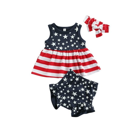 

Nituyy Baby Girls 3pcs Outfit Tank Shorts USA Flag Print Independence Day Holiday Set