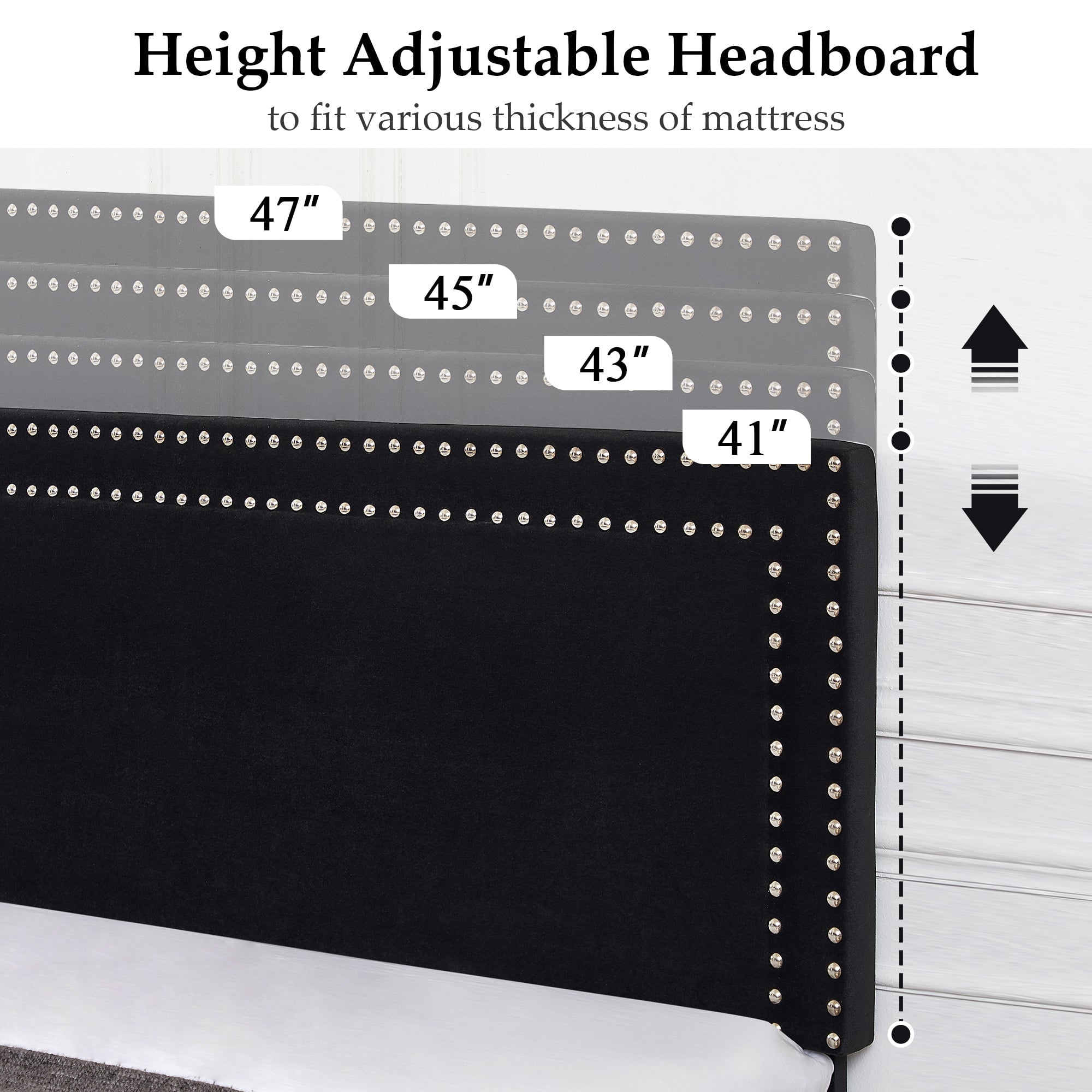 VECELO Queen Size Platform Bed Frame, Modern Upholstered Bed Frame with Adjustable Height & Nailhead Trim Headboard, No Box Spring Needed, Easy Assembly, Black