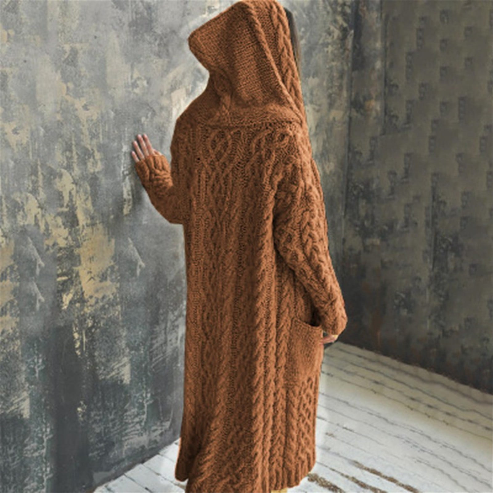 Hvot&aat Women's Cable Knit Hooded Sweaters Open Front Cardigan Long Sleeve Sweater Coats Oversized Maxi Jacket with Pockets