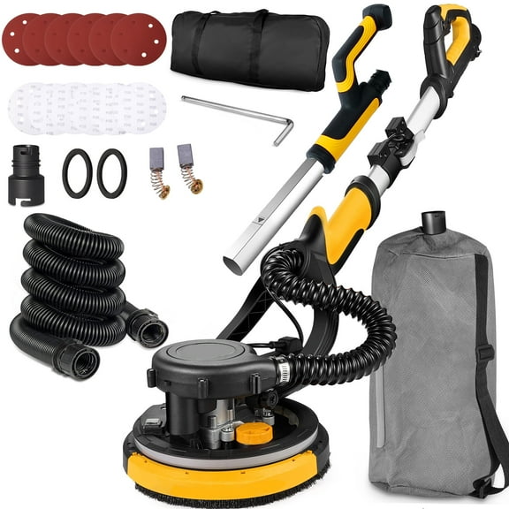 POVANLI 780W Electric Drywall Sander with Vacuum Dust Collection, 6.5A Motor Dustless Floor Sander with Variable Speed 900-1800RPM, LED Light, Extendable & Foldable Handle Yellow Black