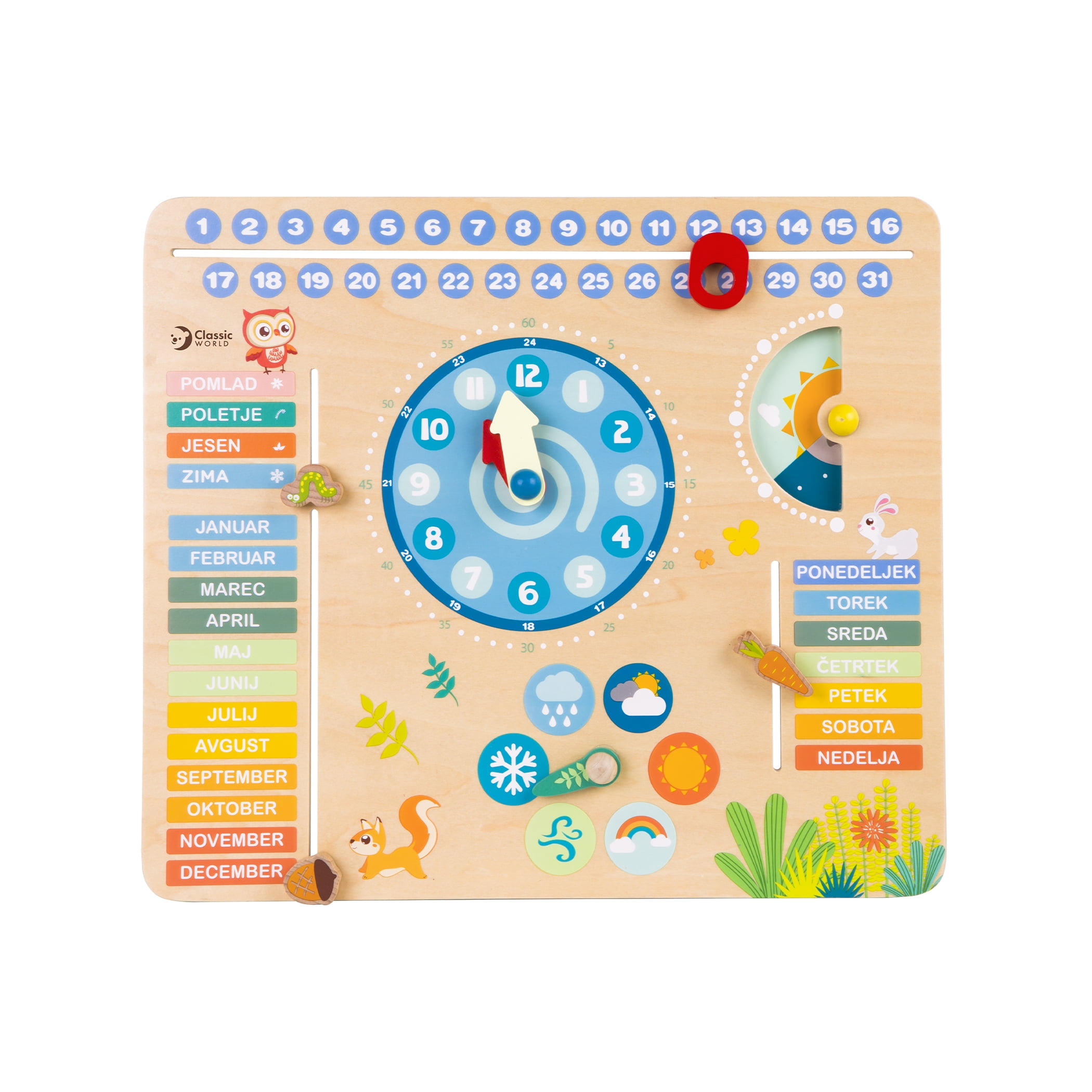 Classic Toy Educational Wood Forest Calender/Clock - Great Unisex Gift Item, Ages 3 Years and up