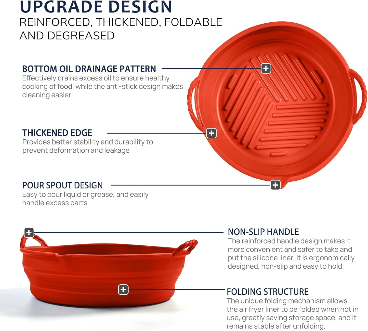JJEAN-Reusable Silicone Liners with Rack, Foldable Round Basket Liners, 8.5 Inch Inserts for 5-7 QT Air Fryer, Red