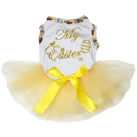 Petitebelle My Easter Egg Puppy Dog Dress (White/Yellow, Small)