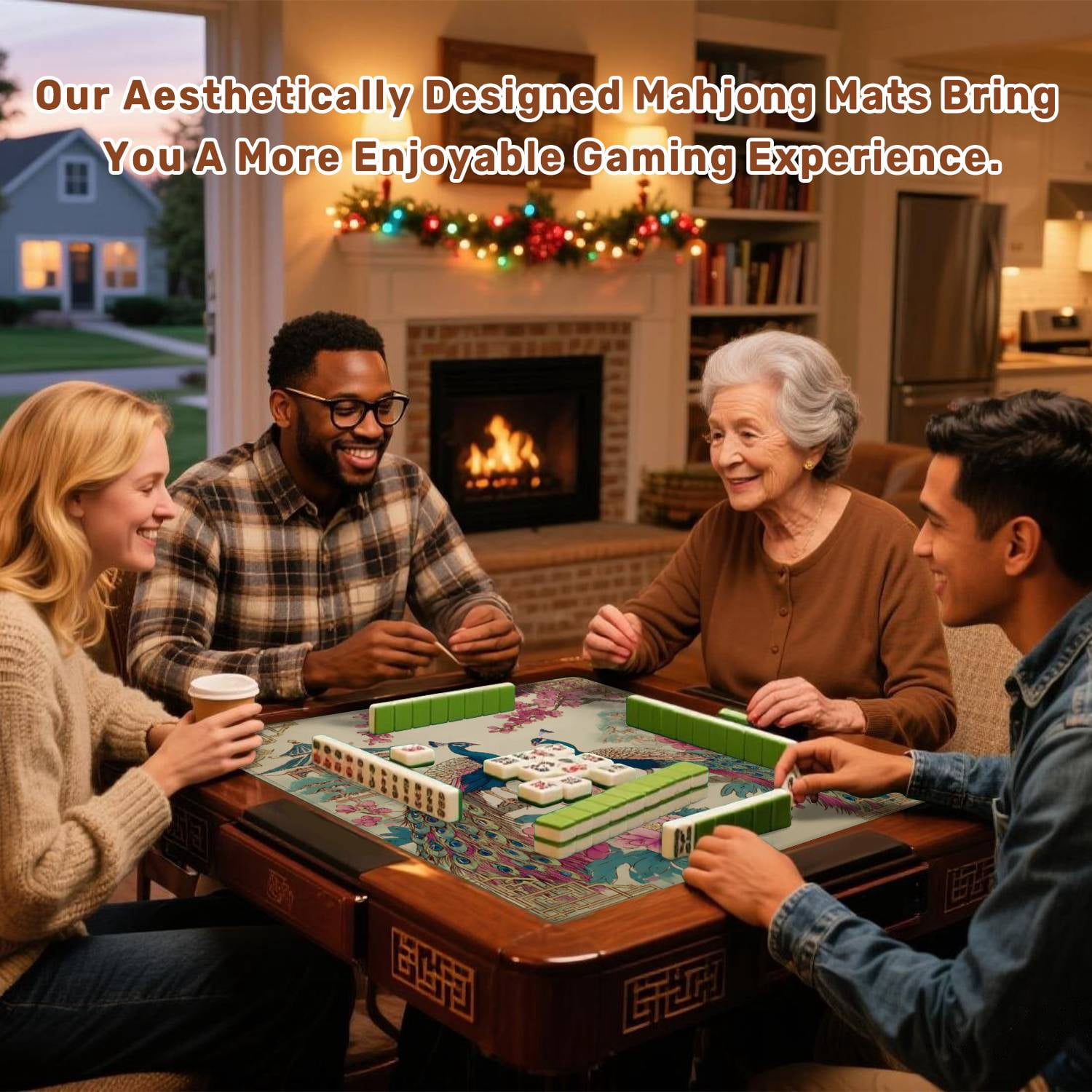 Mahjong Mat 31.5" x 31.5" Peacock Blossoming Flowers Traditional Chinese Landscape Non-Slip Noise Reduction American Mahjong Tiles Table Cover for Dominoes Poker Card Board Games Gift