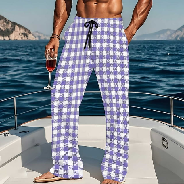 Pantalones de pijama largos para hombre, informales, con estampado a cuadros, holgados, deportivos, elásticos, rectos, vintage, con bolsillos