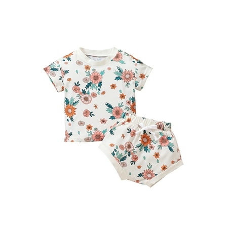

Genuiskids Newborn Baby Girls 2Pcs Outfits Infant Floral Print Patchwork Short Sleeve Round Neck T-Shirt Elastic Drawstring Short Pants