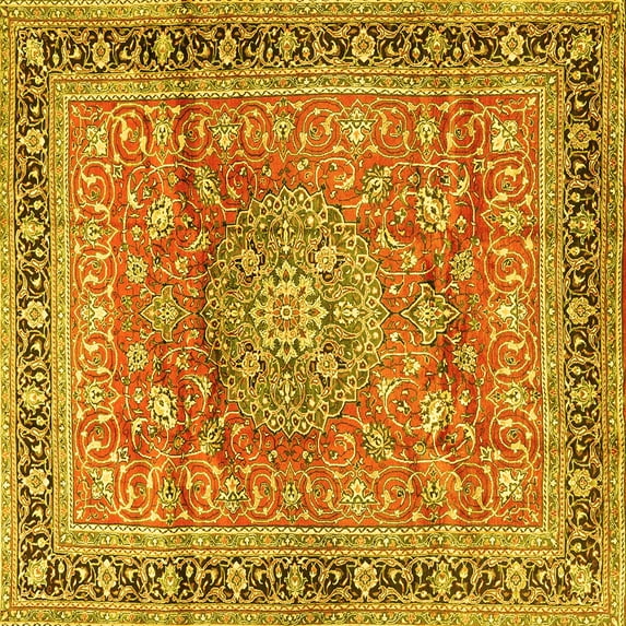 Ahgly Company Machine Washable Indoor Square Medallion Yellow Traditional Area Rugs, 7' Square
