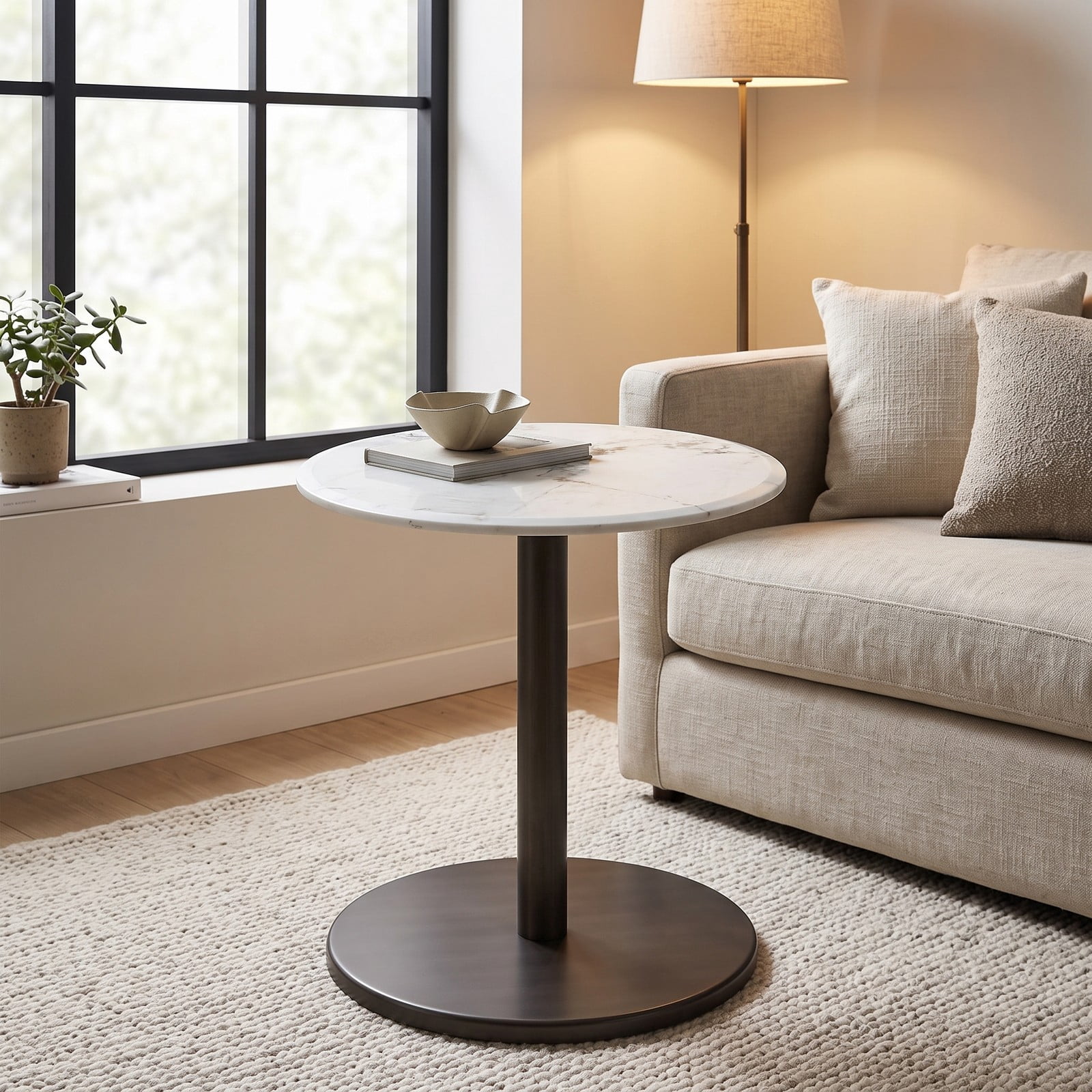 Furnibear Round Marble Side Table, Pedestal End Table with Genuine Stone Top and Solid Wood Base, Waterproof Accent Nightstand for Living Room Bedroom, White & Black