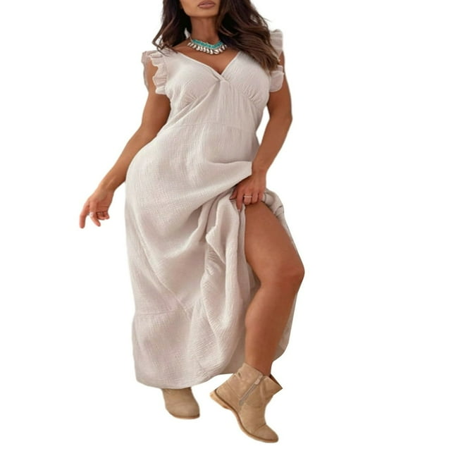 Robe d'Été Longue de Plage pour Femmes avec Col en V Profond et Manches à Volants