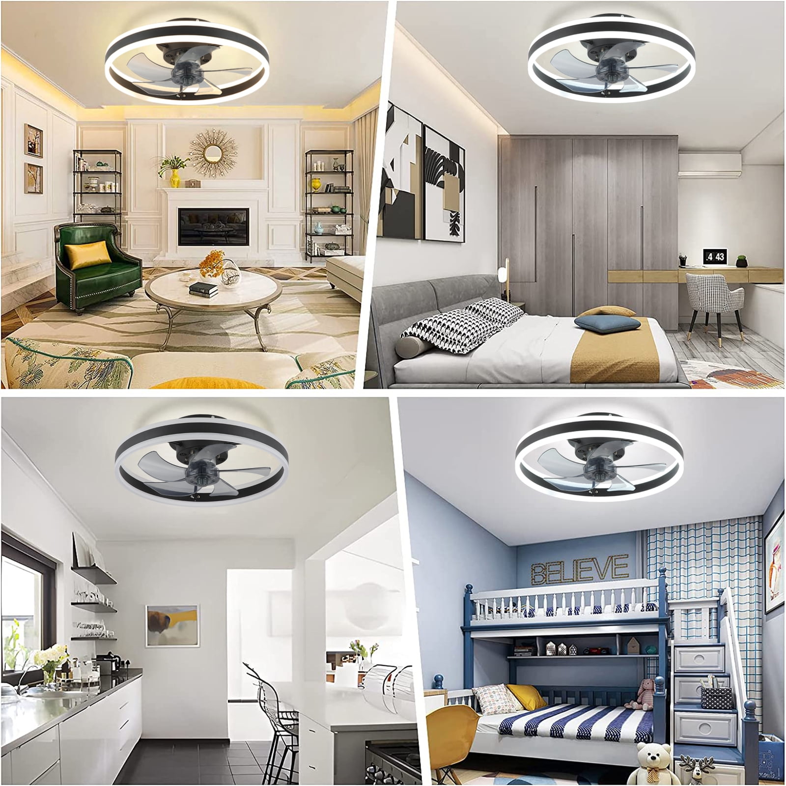 JLPAN Ceiling Fans with Lights, Low Profile Flush Mount Modern Bladeless Ceiling Fan and Remote Control, 19.7" Dimmable LED 3 Colors and 6 Speeds - Black