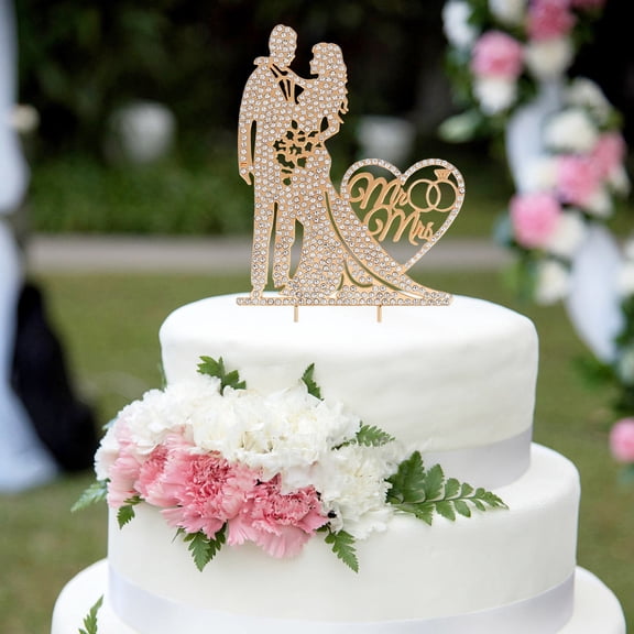 ELAYARD Golden Wedding Cake Topper with Rhinestones Romantic Heart Design for Elegant Wedding Party Decor