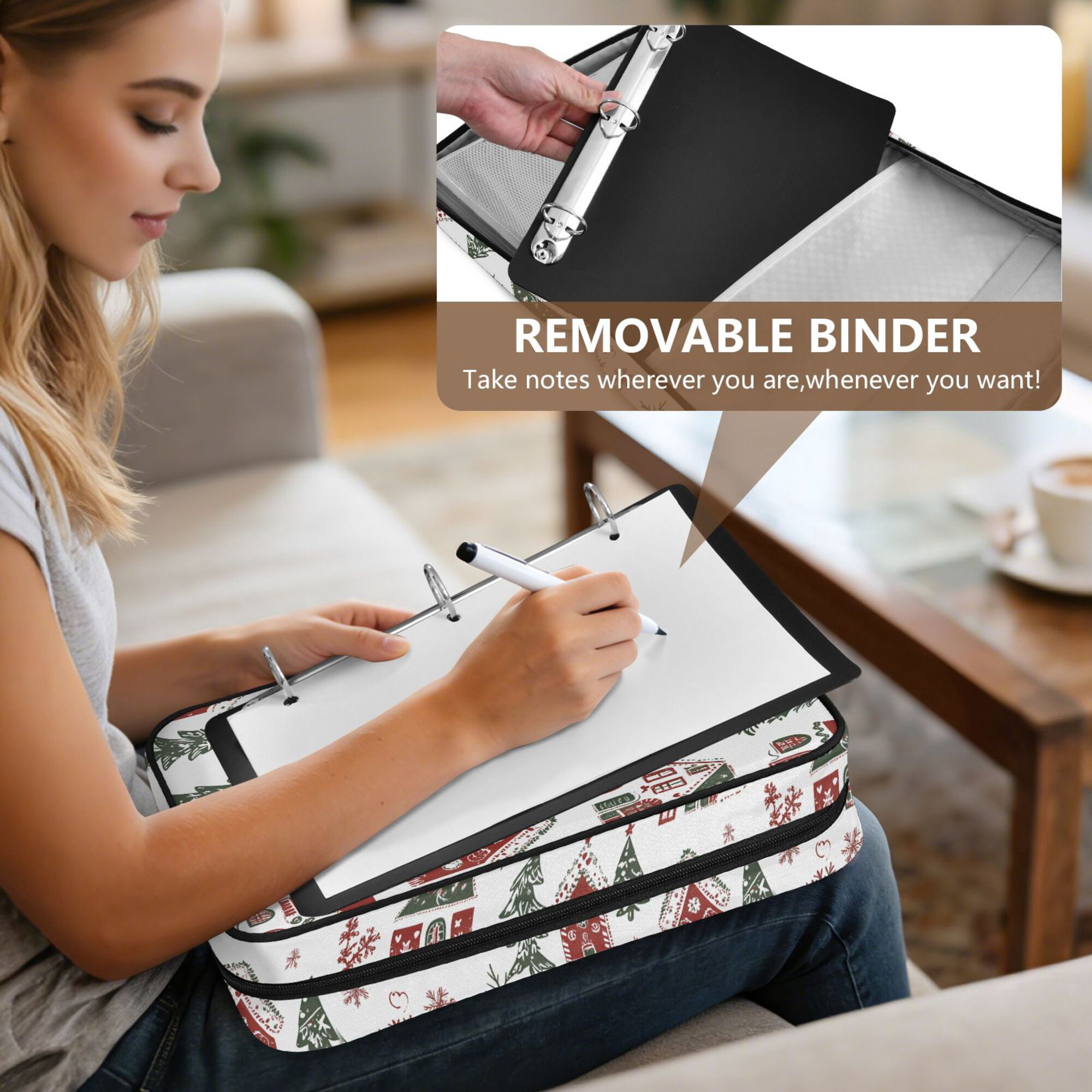 FORMRS Accordion File Folder A4 Size 7-Pocket Expanding Document Organizer Bag with 3 Ring Binder, Red Nordic Christmas