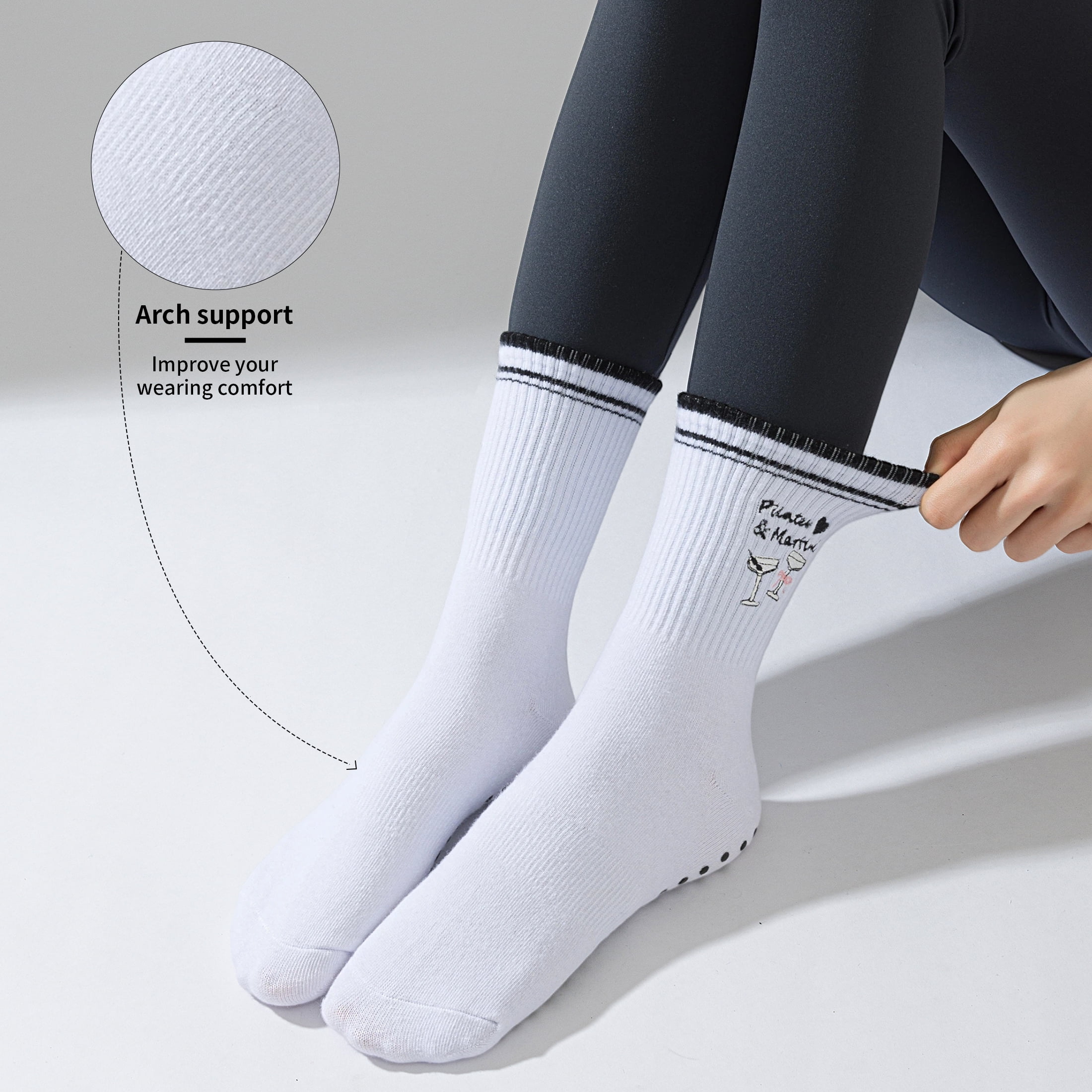 Yawlsow Pilates Grip Socks for Women, 4 Pairs Non Slip Yoga Socks with Ruffle Cuff Embroidery Pattern for Barre Ballet Workout, Hospital