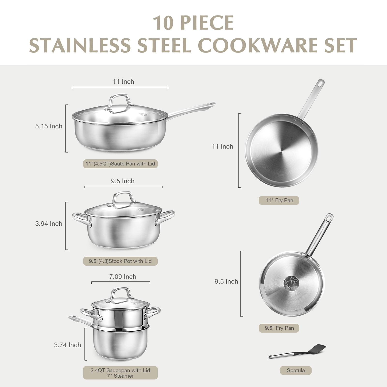 Koch Systeme CS Stainless Steel Cookware Set 10 Piece, 18/10 Stainless Steel Pots and Pans Set for Professional Cooking, Induction Compatible, Dishwasher and Oven Safe