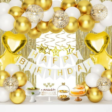 KINNO White and Gold Balloons Party Decoration Set with Happy Birthday Banner