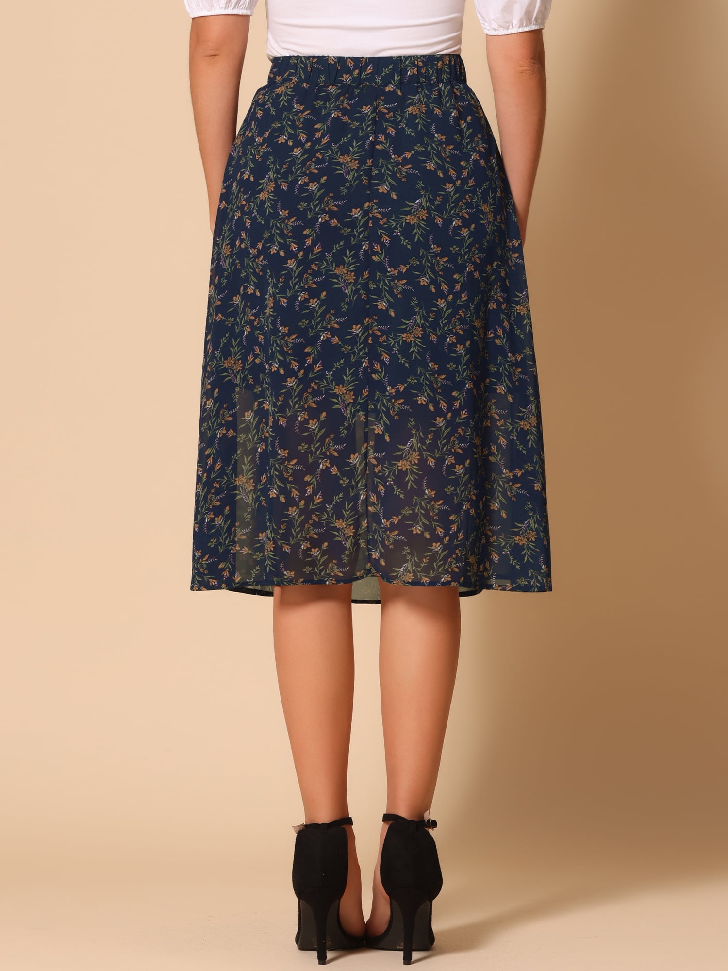 DARING DIVA Women's Floral Print A-Line Midi Skirt Skirts M Navy Blue