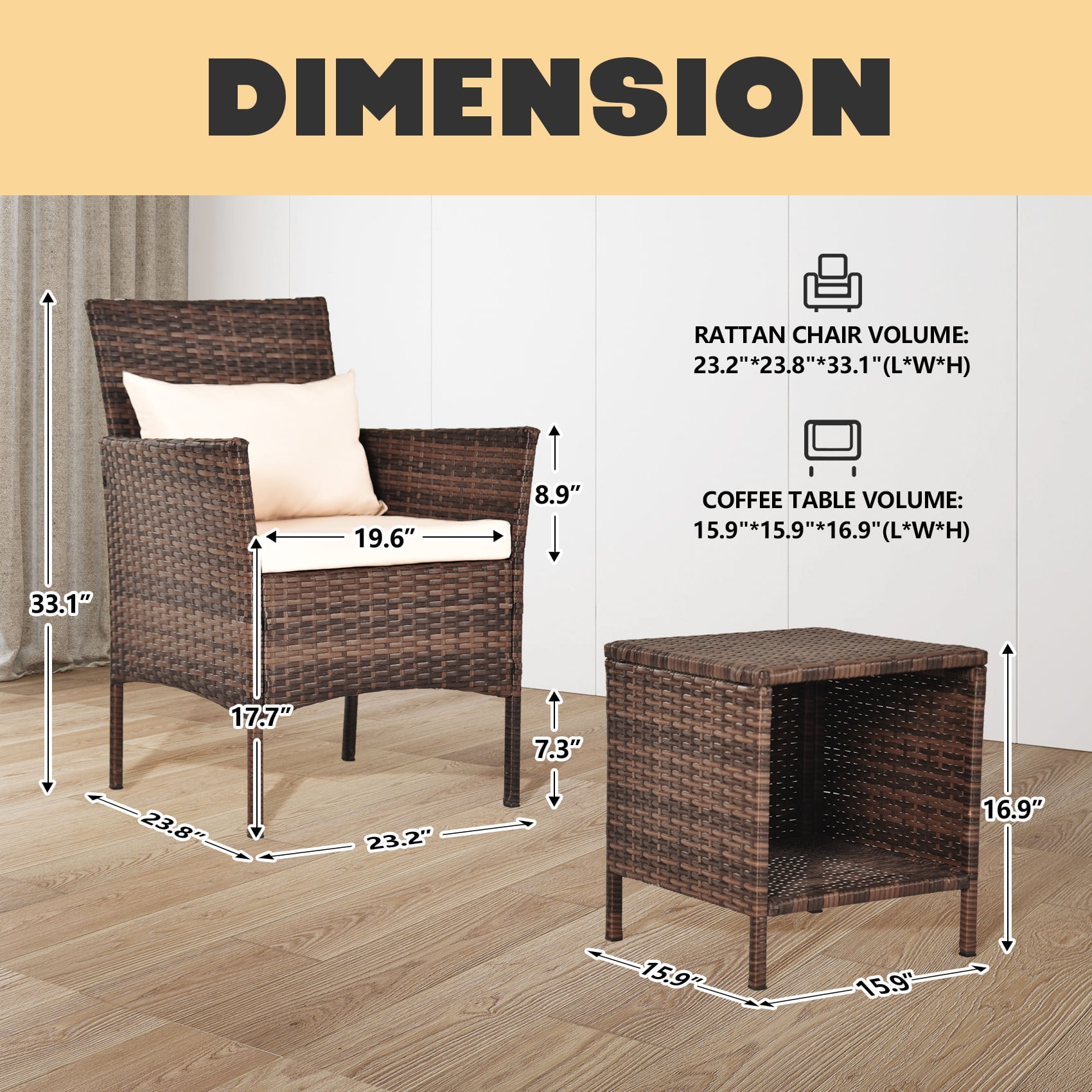 Tappio 3 Piece Patio Conversation Bistro Set Outdoor Chat Furniture, Porch Balcony Furniture Set,Wicker Chairs and Storable Table Set for Patio Balcony Backyard Apartment,Brown/Beige