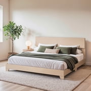Einfach King Size Beige Fabric Upholstered Bed Frame with Adjustable Headboard, No Box Spring Needed, Low